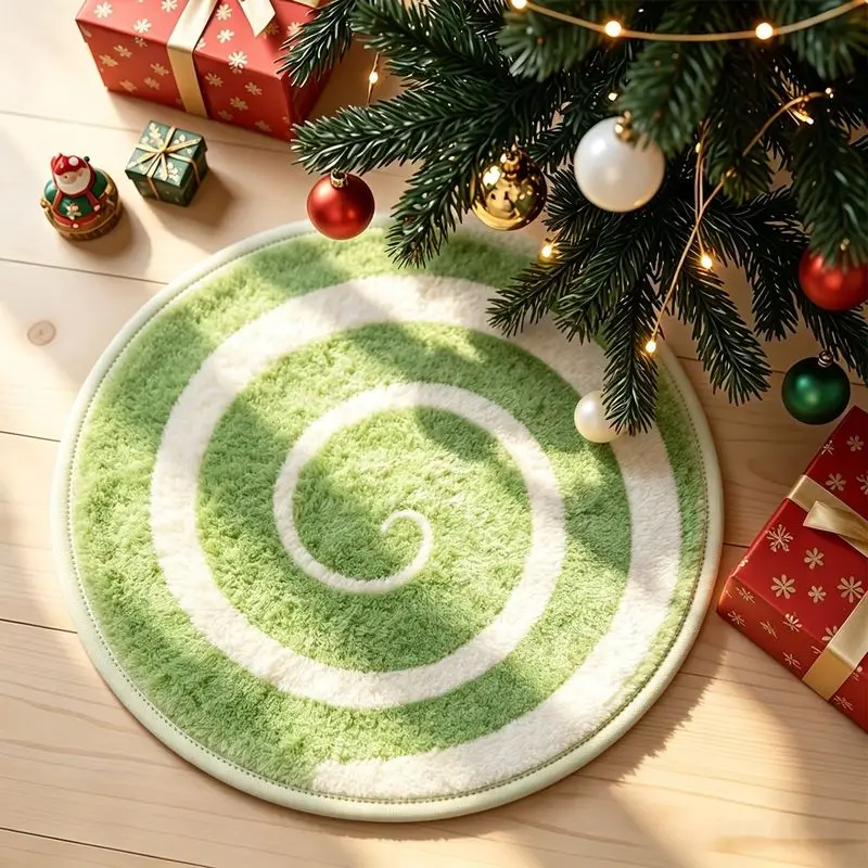 VIKAMA Green White Spiral Round Rug Christmas Print Non Slip Mat For Living Room Bedroom Kids Room Holiday Home Decor