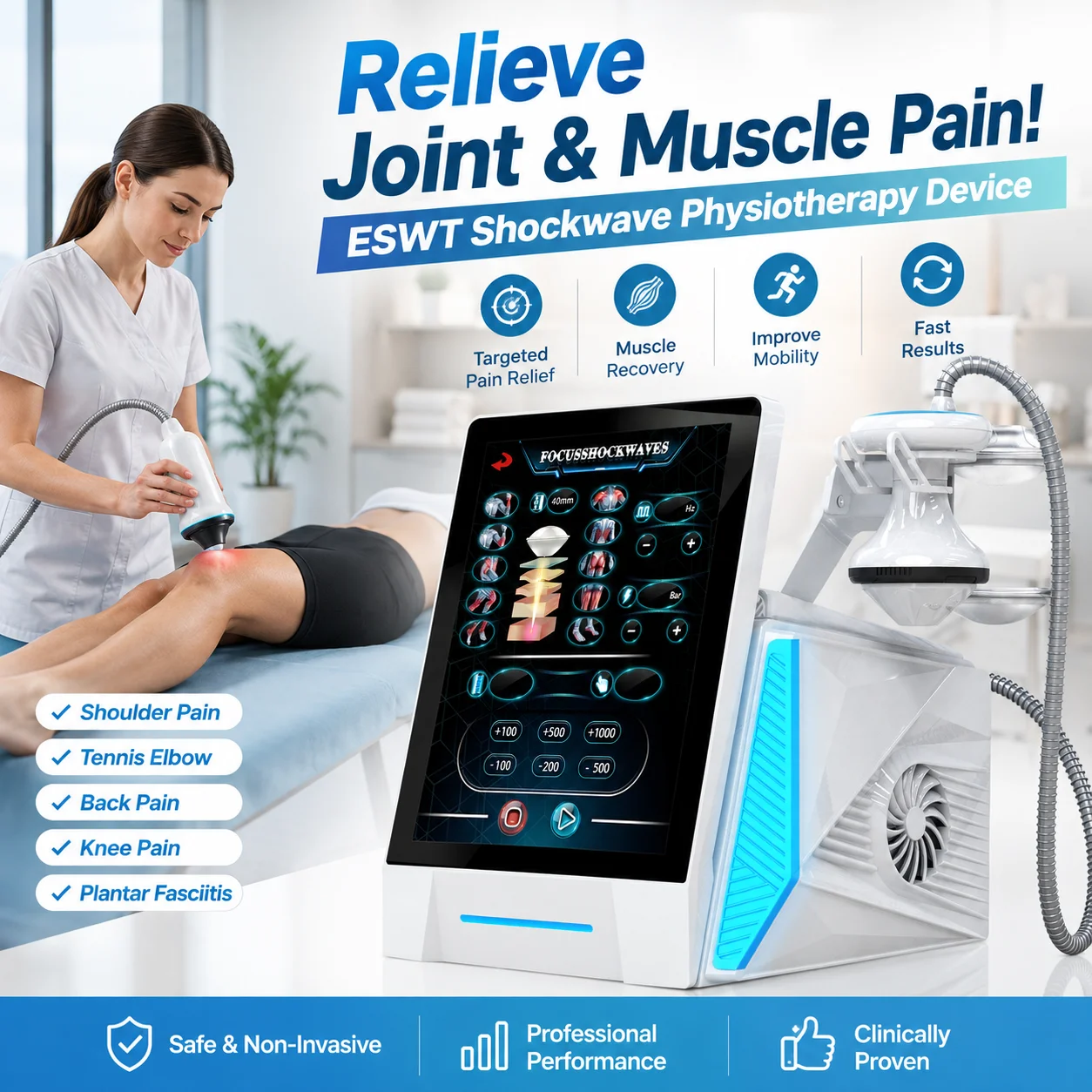 Professional ESWT Extracorporeal Focused Shockwave Therapy Machine Pain Relief Tissue Repair Sports Injury Joint Pain Salon