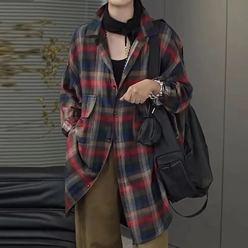 

Women's Retro Plaid Shirt Oversized Long Sleeve Loose Casual Blouse Spring Coat