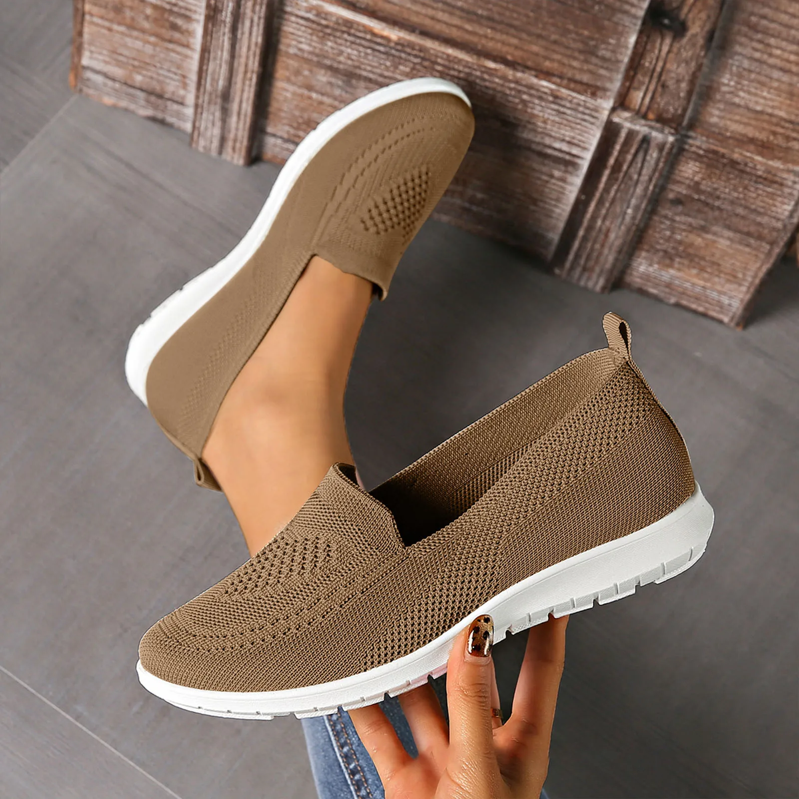 Walking Shoes Women Slip On Flat Loafer Casual Trainer Hollow Knit Mesh Light Shock Absorb Non Slip Multicolor Elderly Outdoor