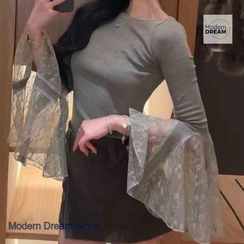 Korean lace stitching hem horn bottoming T-shirt women's spring and autumn new slim slim western style design long-sleeved shirt