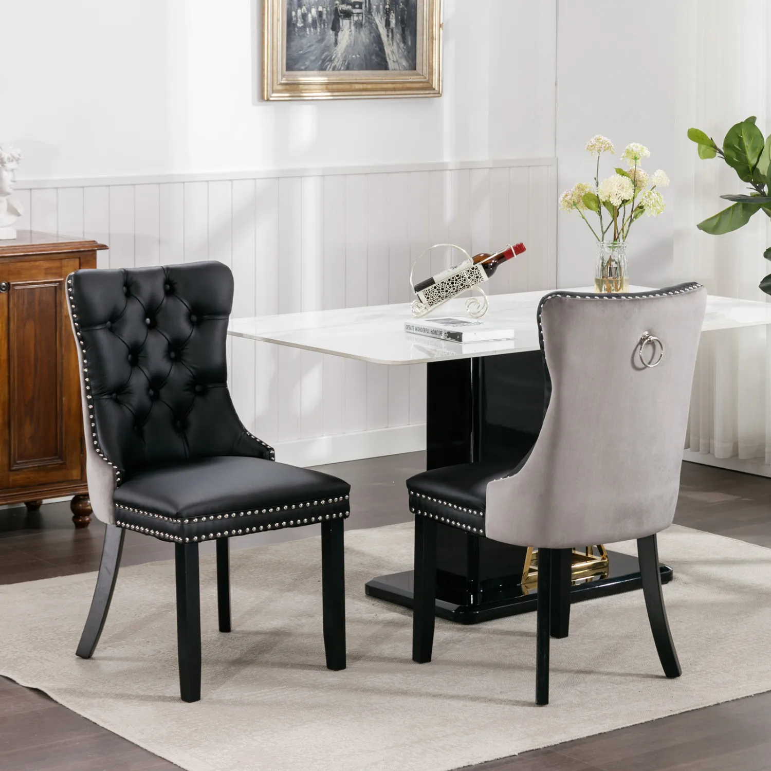 

A&A Furniture,Nikki Collection Modern, High-end Tufted Solid Wood Contemporary PU and Velvet Upholstered Dining Chair with Wood