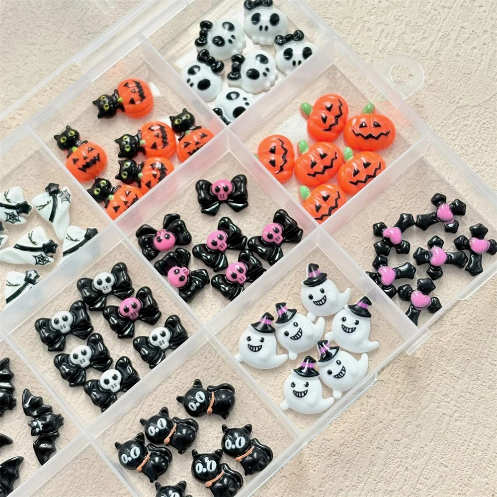 1Box Cute Halloween Nail Art Decorations 3D Ghost Pumpkin Bat Skull Cat Nail Charm Spooky Halloween DIY Nail Art Design Supplies