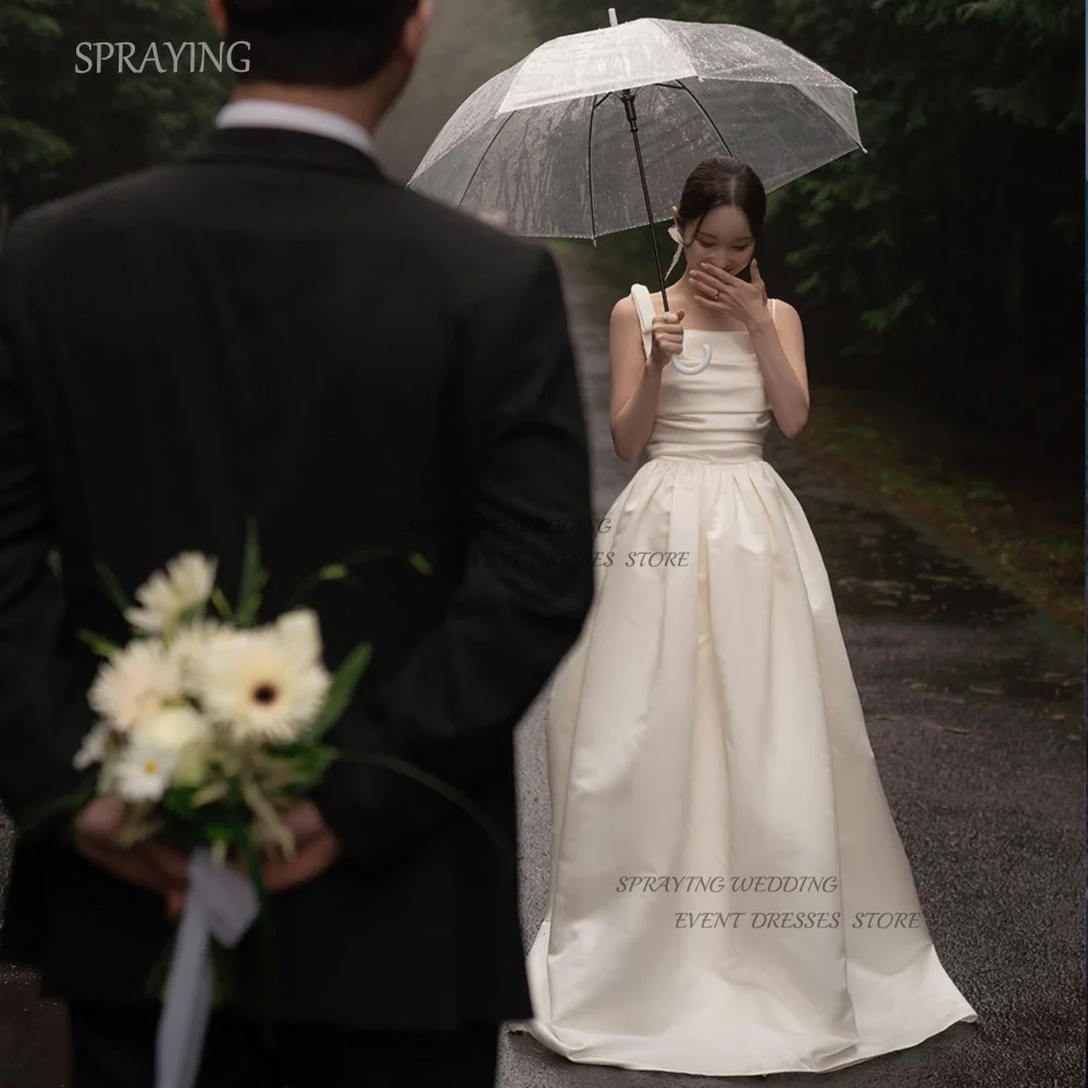 

SPRAYING 피로연드레스 Wedding Shooting Dresses Strapless A-line Satin Bridal Gown Custom Made Sweep Train Simple Elegant 드레스 웨딩 한국