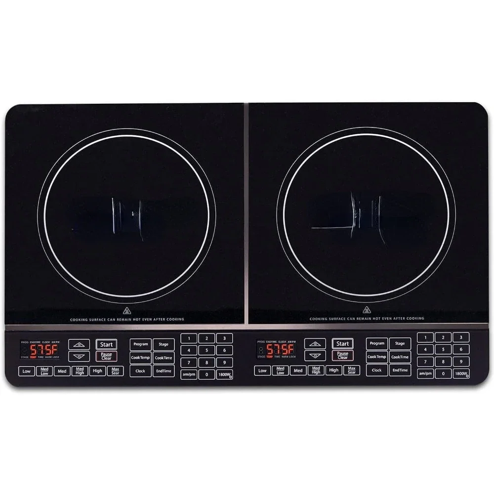 Double Induction Cooktop, 2 Large 8” Heating Coils, Independent Controls,  2 x 11.5” Shatter-Proof Ceramic Glass Surface