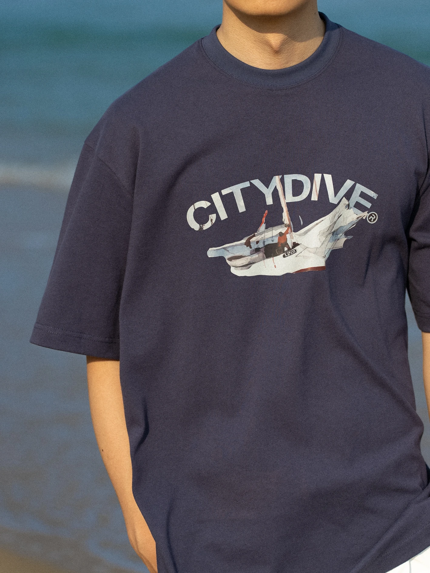 Citydive Heavyweight Short Sleeve T-Shirt Crew Neck Cotton Casual Fashion Boat Print Loose Fit Youth Popular All Seasons
