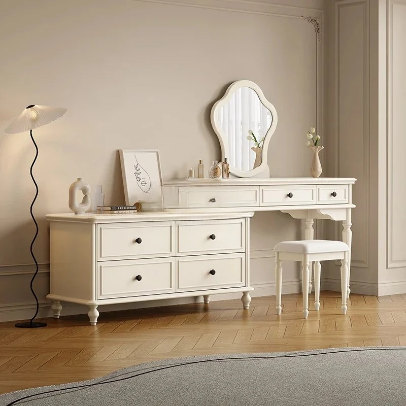 

White cream wind solid wood American dresser light luxury makeup table telescopic storage chest integrated multi-function
