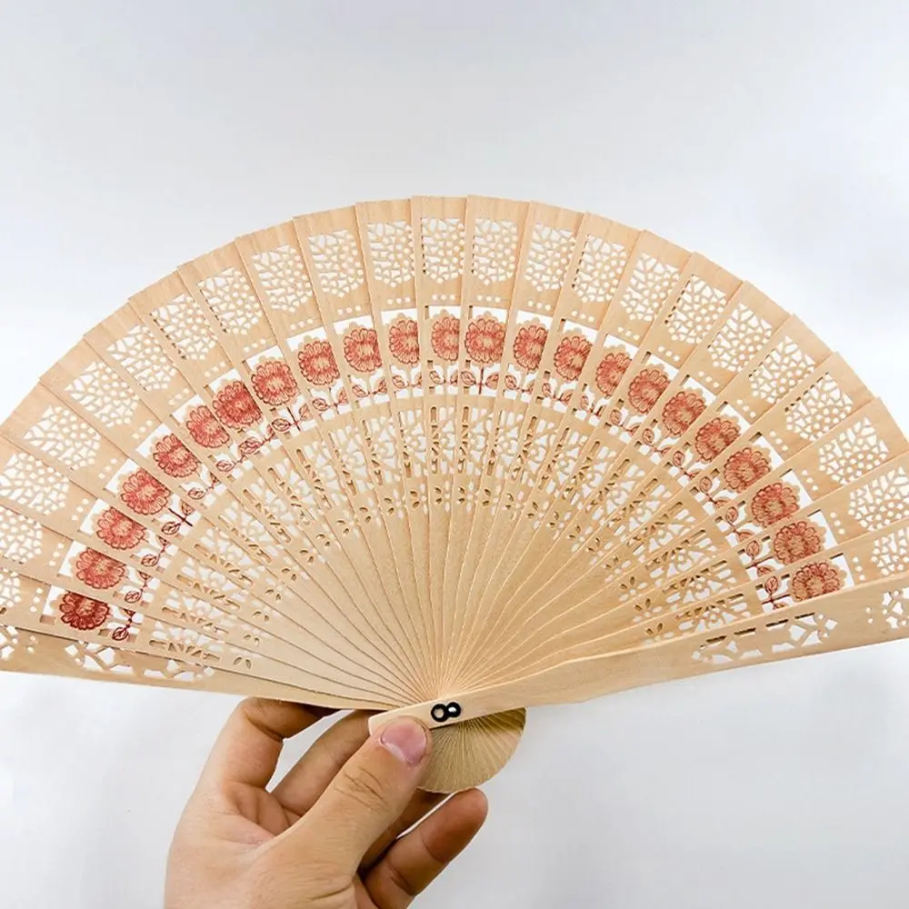 New Wooden Bamboo Folding Fan Vintage Antique Hand Held Fan Engraved Chinese Style Hollow Wooden Fan Women