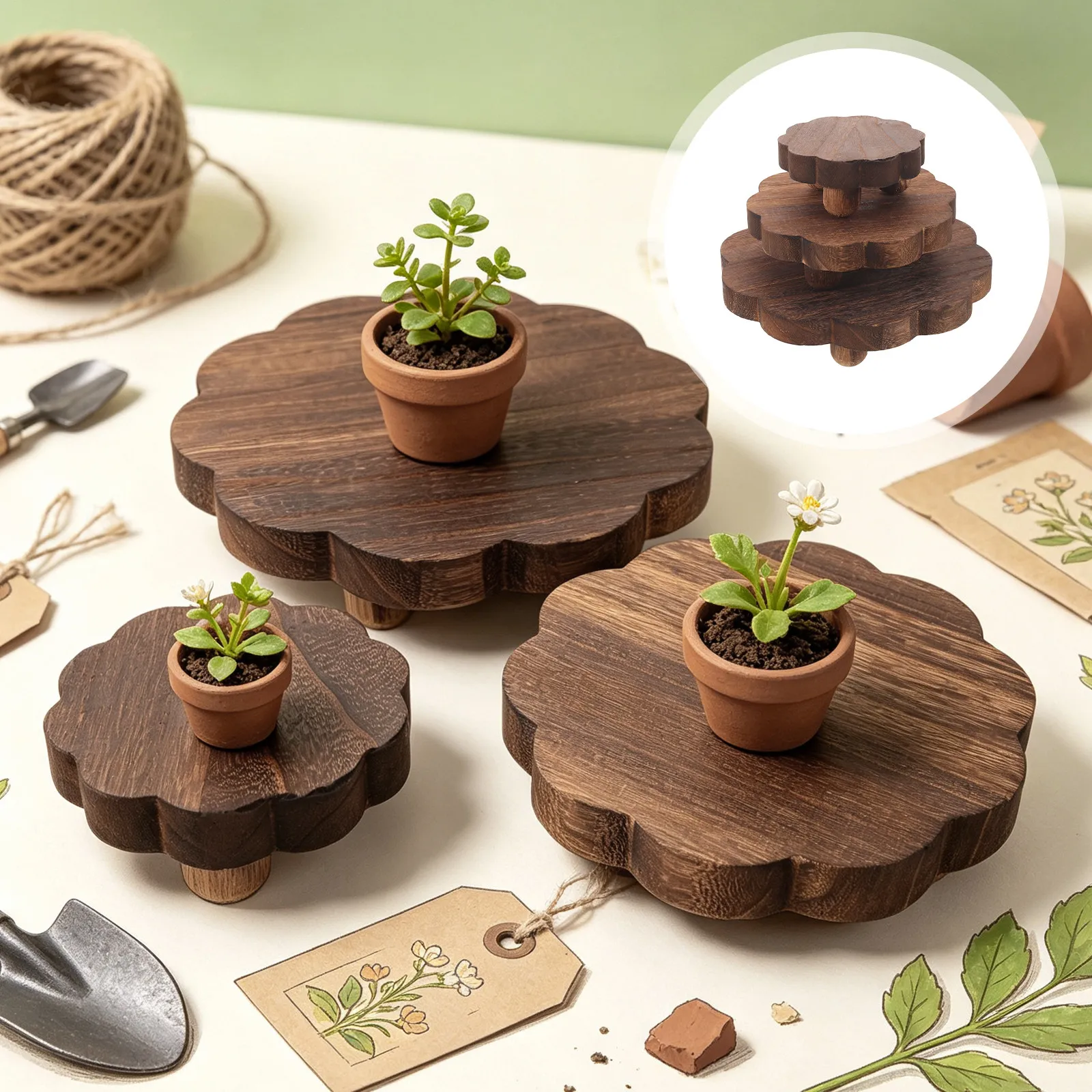 3Pcs Small Wooden Plant Stool Set Wood Grain Flower Pot Stand Elevated Base for Indoor Succulent Desk Balcony Display Stand