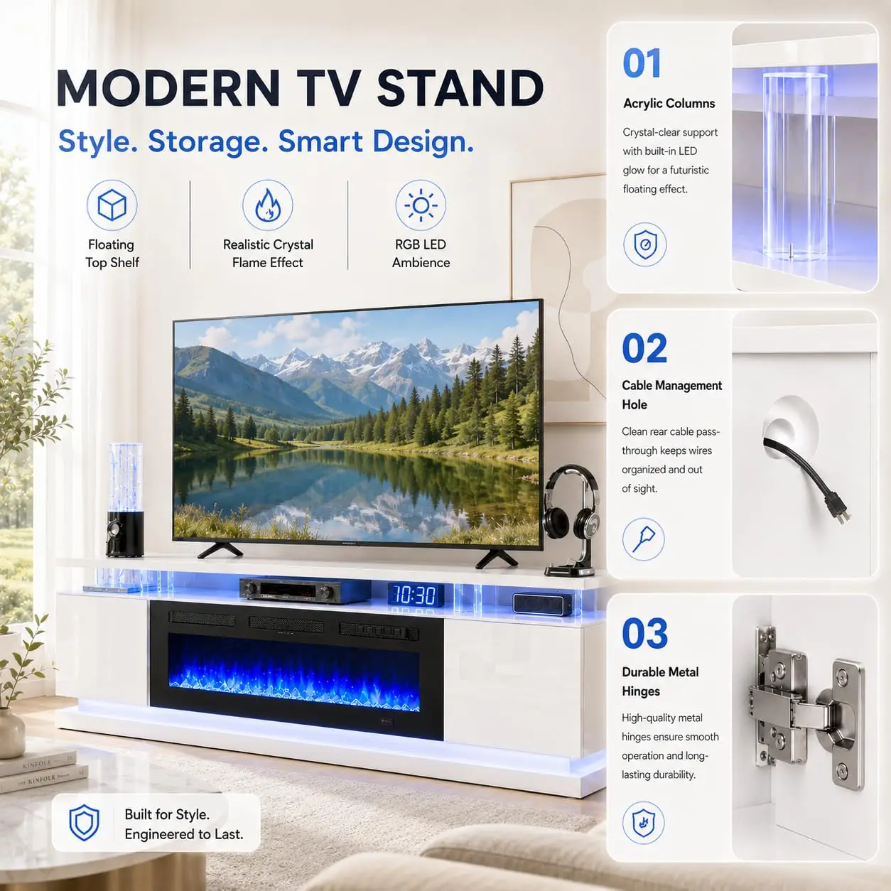 70" Fireplace TV Stand for TVs up to 80", White & Black