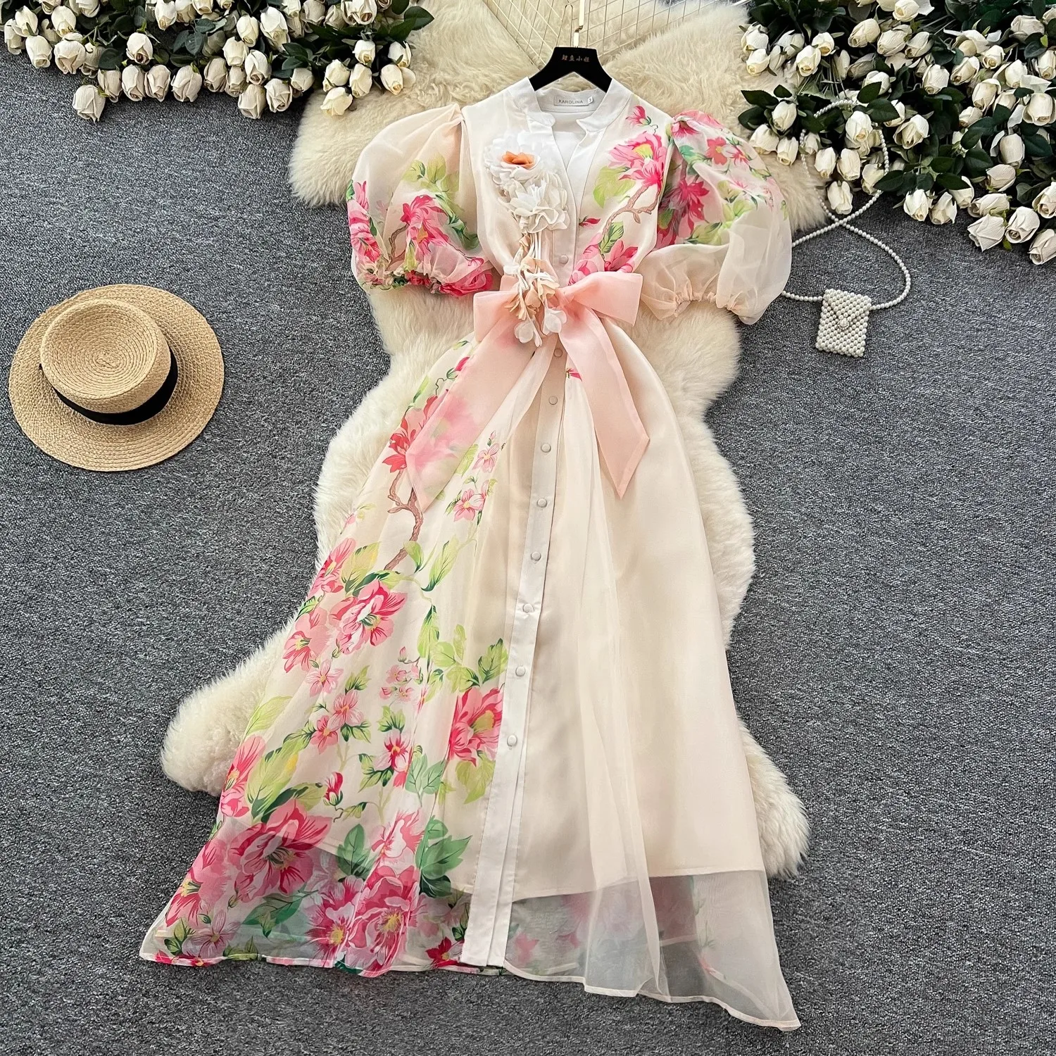 

Summer Luxury 3D Applique Gorgeous Flower Prom Long Dress Women V-Neck Lantern Sleeve Lace Up Belt Loose Dress Female Fashion