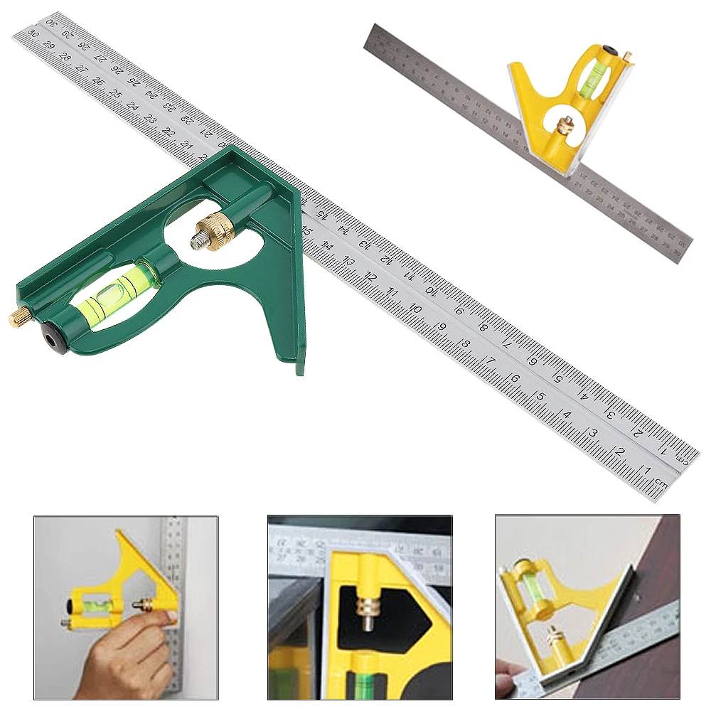 Régua Angular Quadrada com Combinação Ajustável com Nível de Bolha Calibre Multifuncional Ferramentas de Medição 45 90 Graus 12 Polegada 300 mm