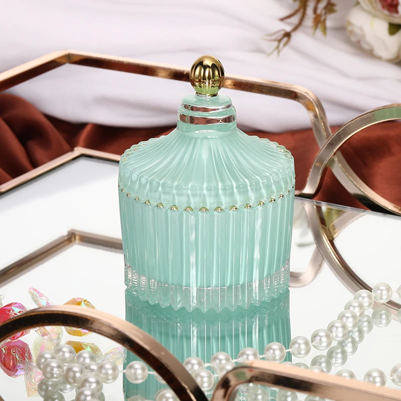 New Glass Jewelry Box Candy Jar Golden Frame Aromatherapy Candle Bottle Cotton Swab Box Food Storage Container Home Decoration