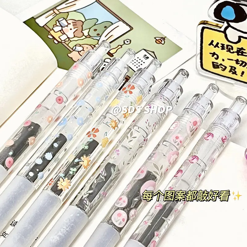 3PC Cute Flower Retractable Gel Pen Transparent Black 0.5mm Ink Press Writing Pen Simple School Students Stationery Office Gifts