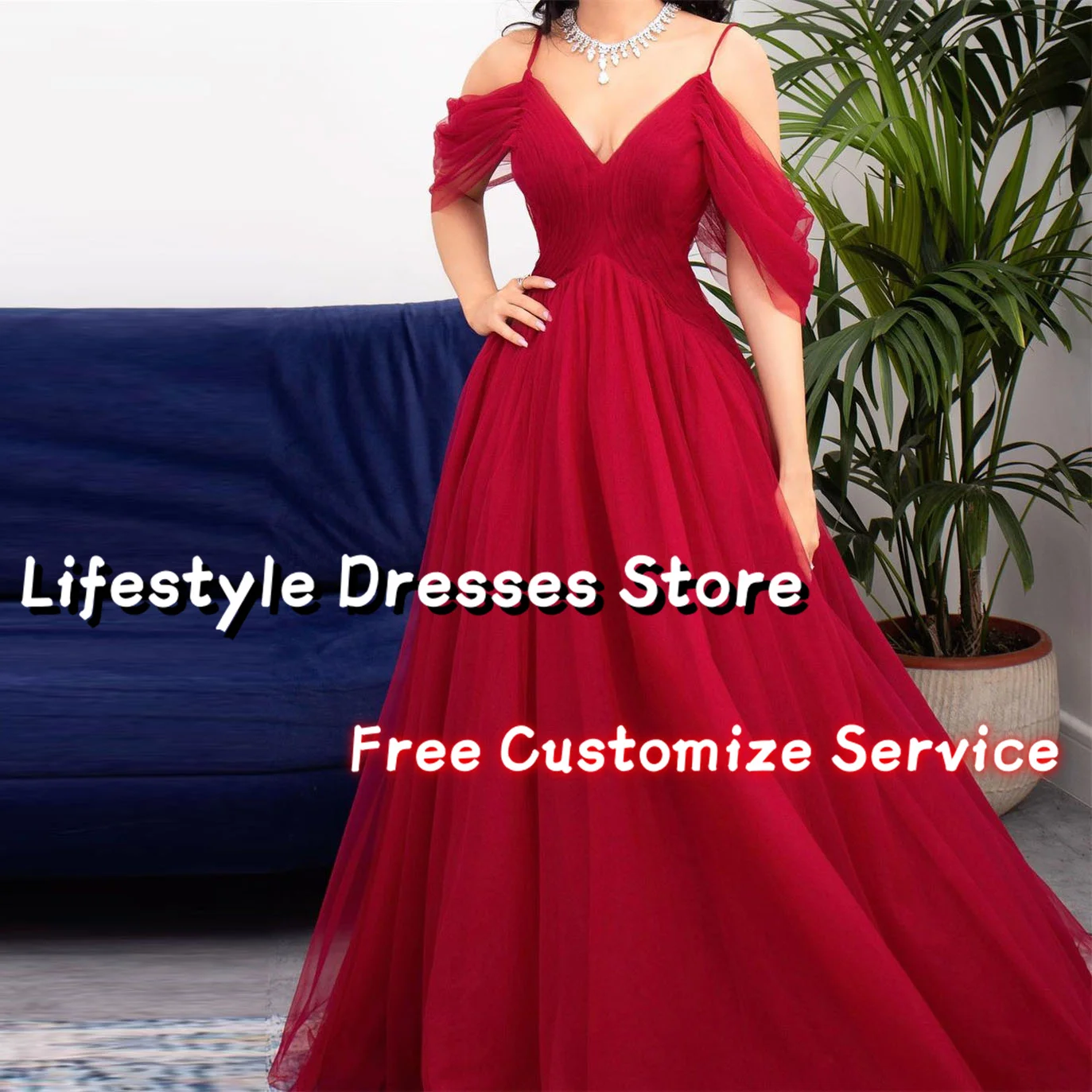 

Gorgeous Burgundy Off Shoulder A-Line Tulle Prom Dress Wedding Party Gown Pleat V-Neck Long Evening Dress Formal Dress