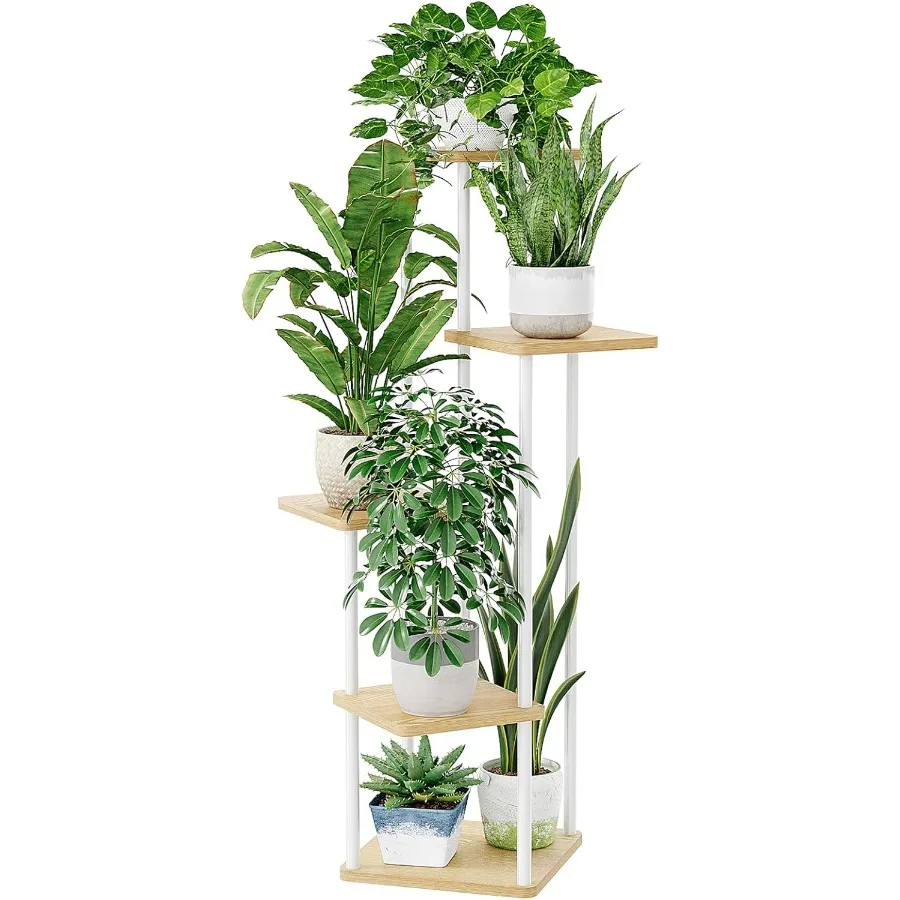

Белая подставка для растений, комнатная 5-уровневая полка для растений для нескольких растений, угловая подставка для цветов, металлический деревянный стол для растений для патио G