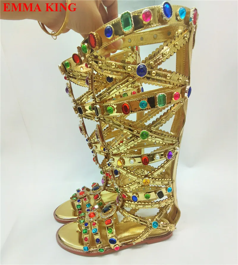 Luxury Designer Rhinestone Open Toe Sandals Boots Women Roman Crystal Knee High Boots Hollow Out Gladiator Sandals Flat Shoes