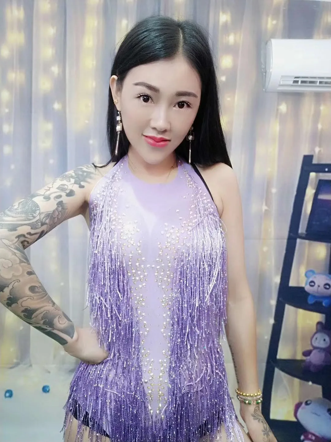 

Purple Women Shining Rhinestone Fringe Bodysuits Nightclub DJ Dance Stage Singer Costume