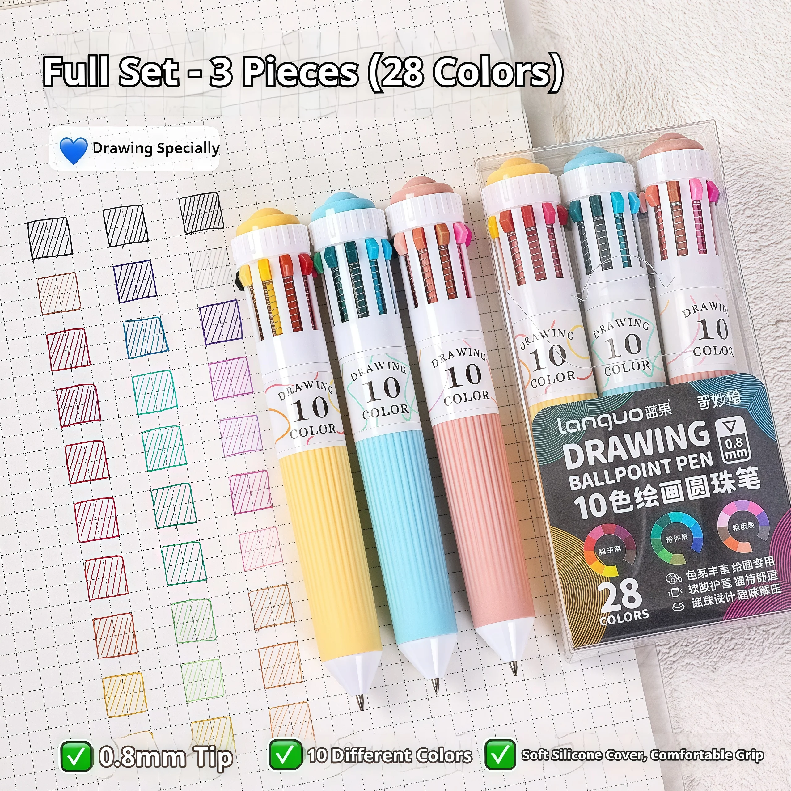 10-in-1 カラフルボールペンセット 0.8mm 28/30色ペン 細字 リトラクタブルボールペン オフィス・学校用