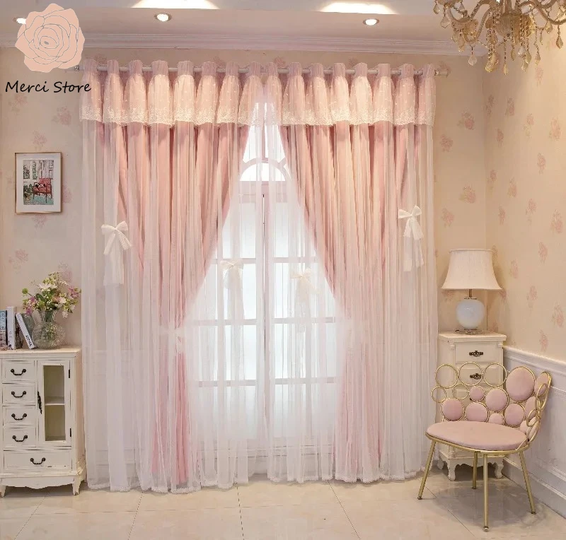 Double Layer Blackout French Cream Princess Style Curtains for Bedroom Living Room Girl Dream Thermal Insulated Drapes Ready
