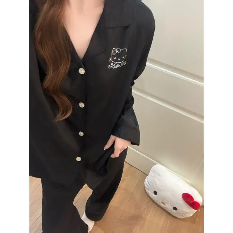 Hello Kitty2026 Spring New Ice Silk Black Pajamas Simulated Silk Long-Sleeved Trousers Cute Comfortable Home Clothes Cartoon Ins