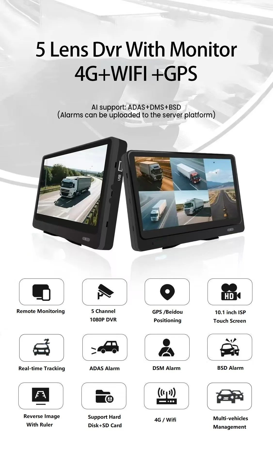 Hd Touch Screen Lcd 5 Channel 5Ch AI Truck Bus 4g Lte Car Dash Cam Camera Dashcam Vehicle Dvr Mdvr 4g Gps with