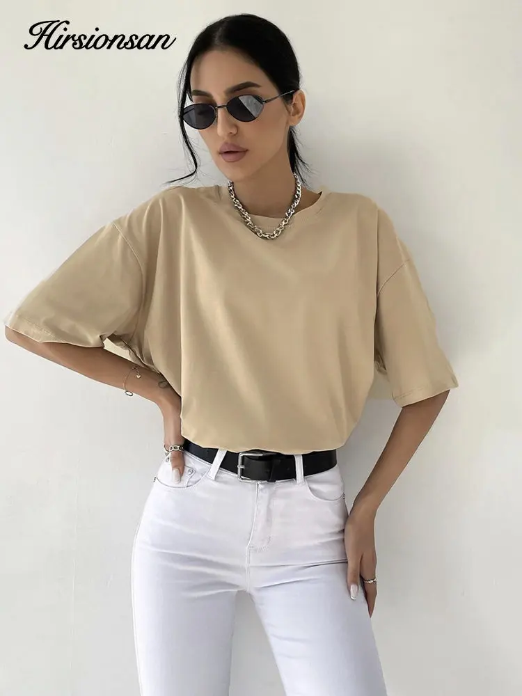 Hirsionsan 100% Cotton T Shirt Women 2023 Summer New Oversized Solid Tees Casual Basic Loose Tshirt Chic O Neck Female Tops