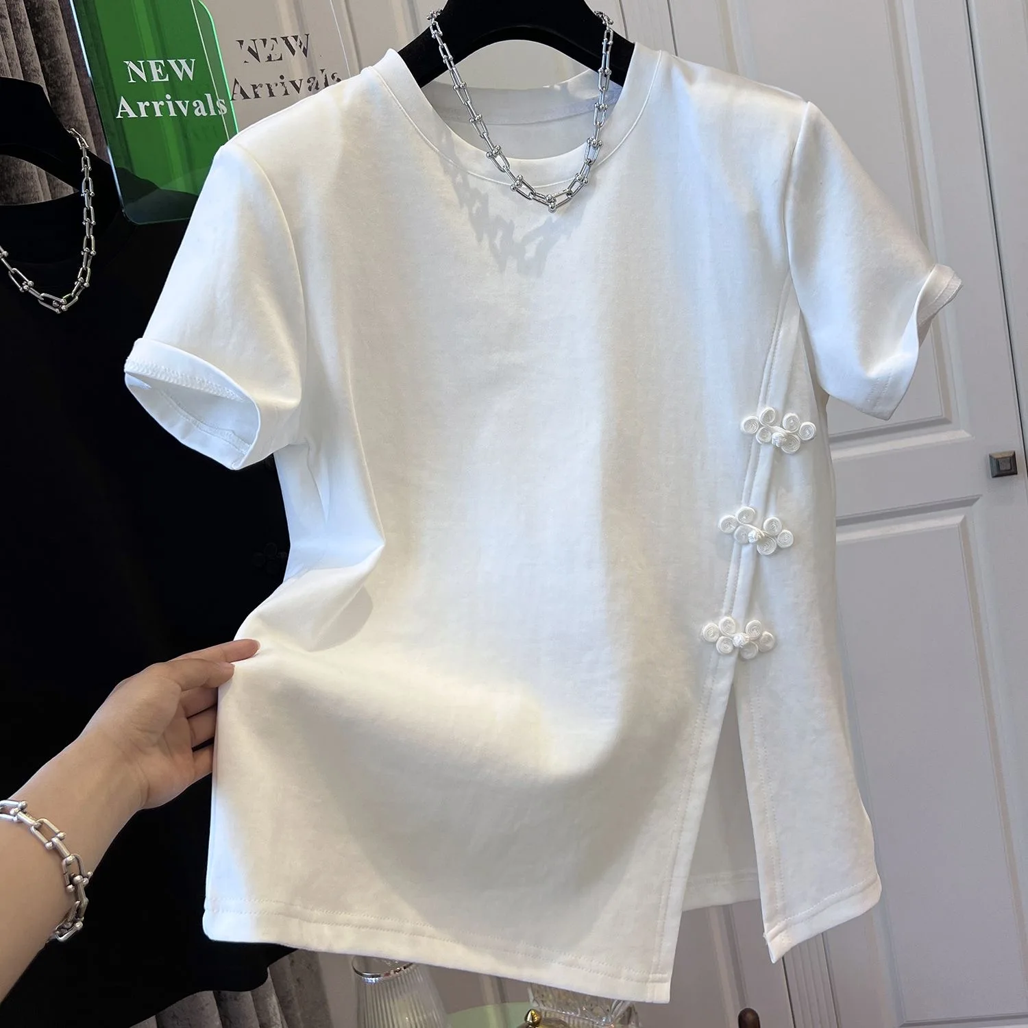 Cotton Large Size Irregular Chinese Style Buckle Splicing Under Slip-away Short-sleeved T-shirt Top Neck 2024 Summer Dress