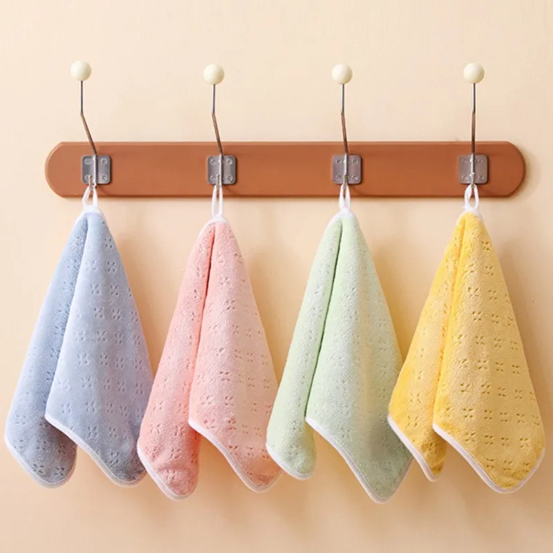 1Pc 25x50cm Thicken Double Sided Solid Color Coral Fleece Soft Absorbent Children Hanging Hand Towel