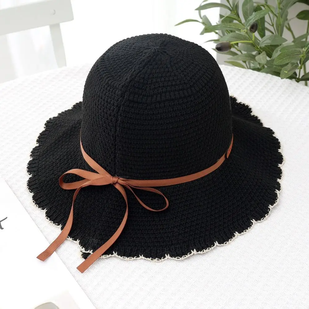 

Thin UV Protection Crochet Bucket Hat Foldable Hollow Knit Fisherman Hat Ribbon Bow Ruffle Brim Women's Basin Cap Hiking