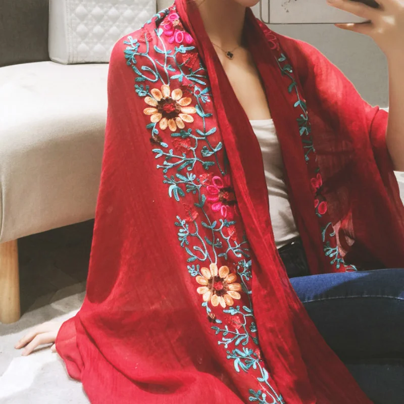 Embroided Cotton Muslin Pashmina Cachecol Feminino Travel Sun Protect Chal Scarves Big Size Shawl Wraps Soft Capes Hijab