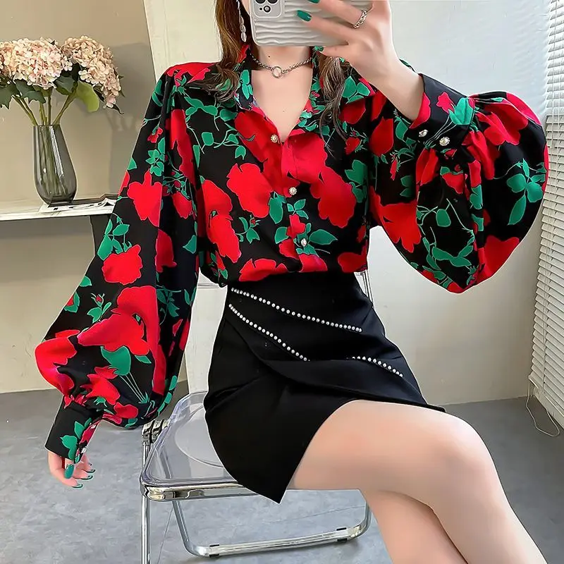 Spring Autumn 2023 New Fashion Printing Turn-down Collar Lantern Sleeve Blouse Ladies All-match Buttons Loose Shirts Women\'s