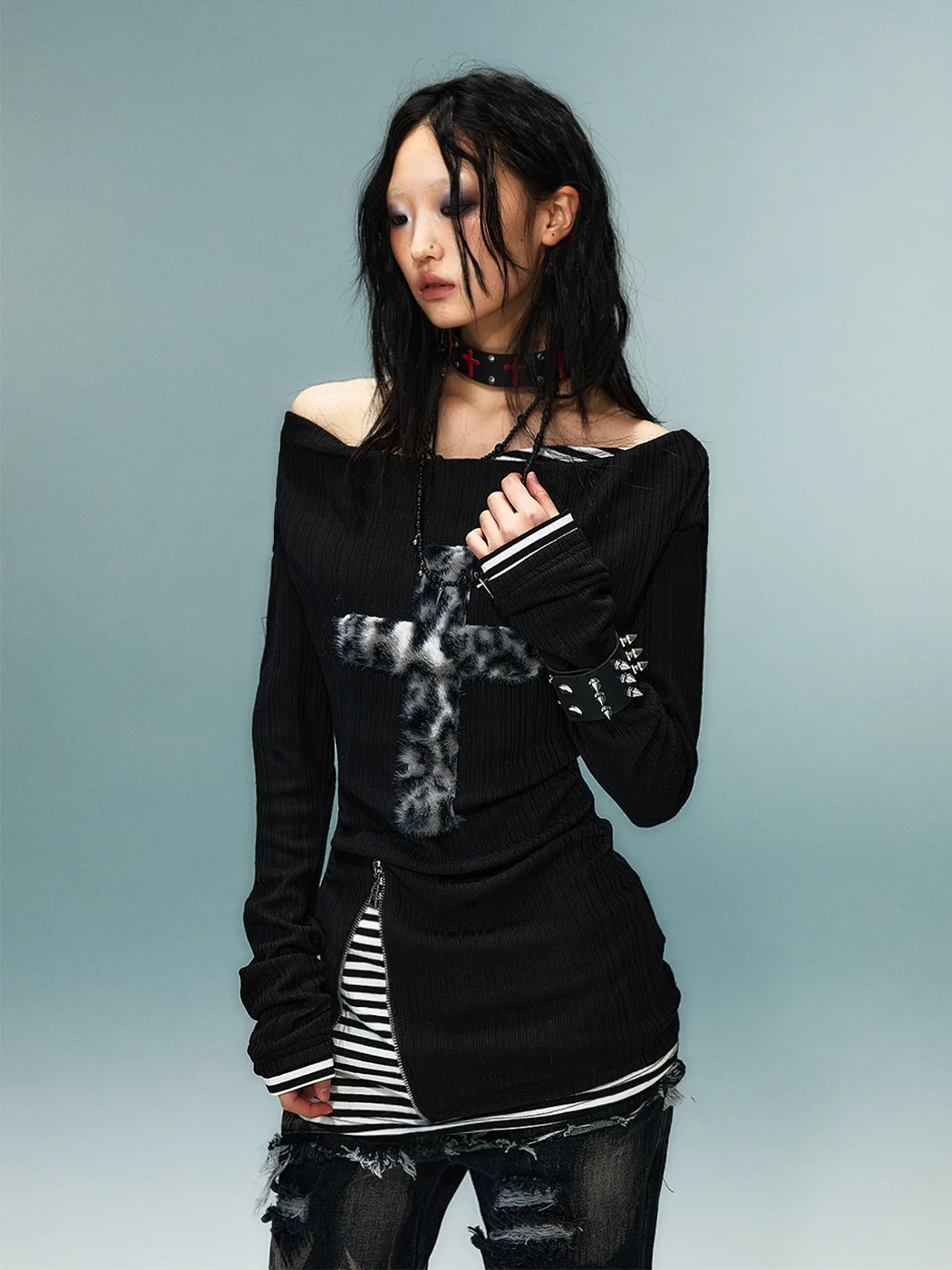 

Женская модная вязаная облегающая базовая кофта с длинным рукавом, леопардовым принтом и элементами Street Sle Punk Cross Light, Garden Lost Termath