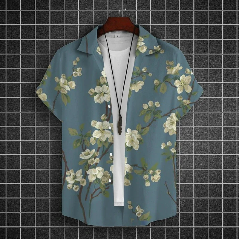 Simple Hawaiian Men's Beach Shirts 3d Flower Print Summer Casual Short Sleeve Daily Street Tops Tees New Fashion Men Clothing