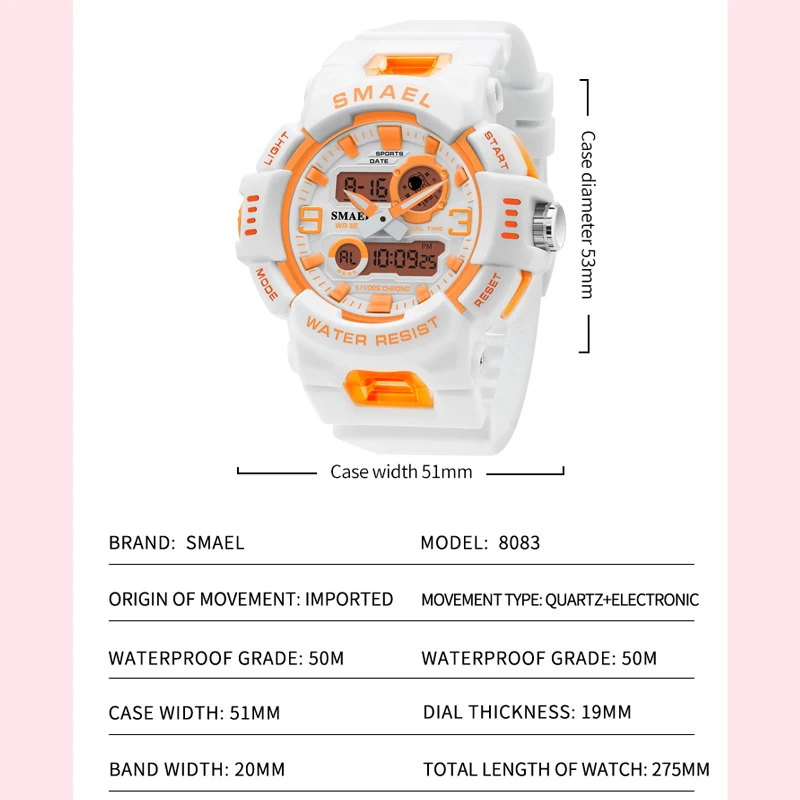 Fashion Brand Smael Women Watch Quartz Sports Watches 50m Waterproof Dual Time Led Digital White Clock Lady Digital Wrist Watch