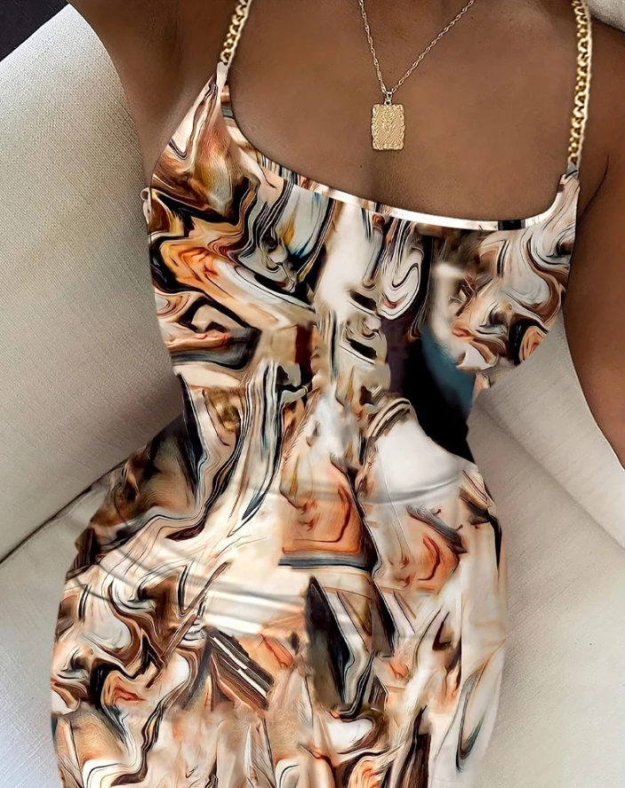 Women's Commuting Dress 2024 Summer Latest Casual U-Neck Sleeveless Tribal Print Chain Strap Bodycon Skinny Midi Dress Skirt