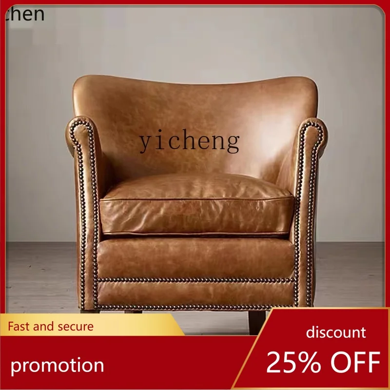 YFY  Genuine Leather Wingback Chair High-Rise Club Leisure High-End Villa Couch Lazy Light Luxury Chair