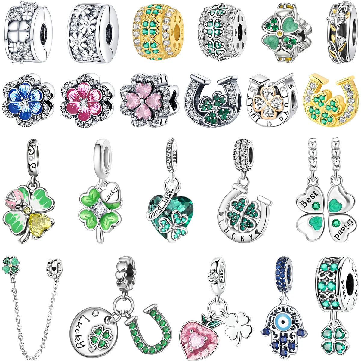 Gran Venta: Abalorios de Plata 925 con Trébol de Cuatro Hojas en Forma de U, Compatibles con Pulseras y Collares Originales, Regalos de Joyería DIY para Mujer