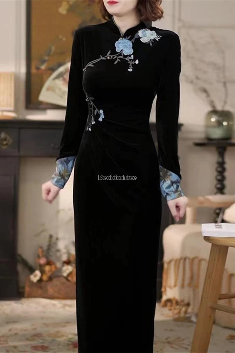 

Осень-зима 2021, новое улучшенное бархатное платье Cheongsam в китайском стиле ретро, новое лоскутное утягивающее платье Ципао с разрезом и принтом