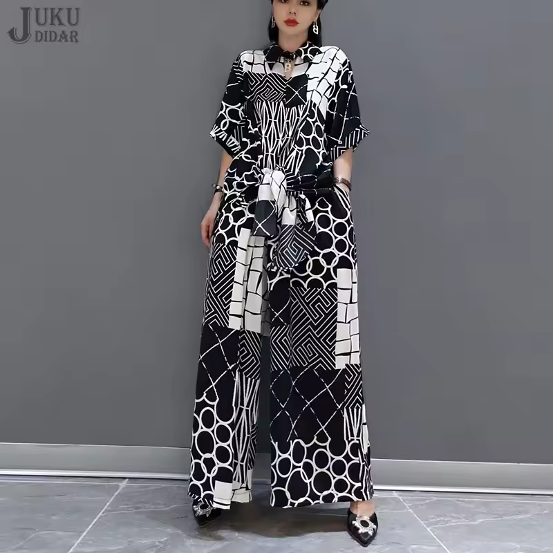 New Summer Casual Two Piece Pant Set Printed Big Size Loose Fit Black Blouse And Wide Leg Pants Unique Outfits Style JJSE009