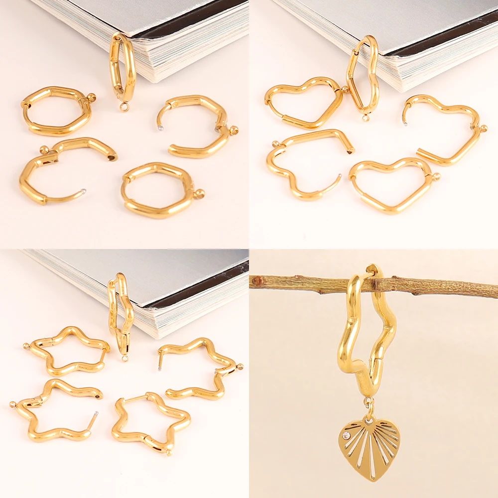 5pcs 316L Stainless Steel Hoop Earrings Base Star Heart Geometry Oval Earring Posts Connector For DIY Jewelry Making Supplies