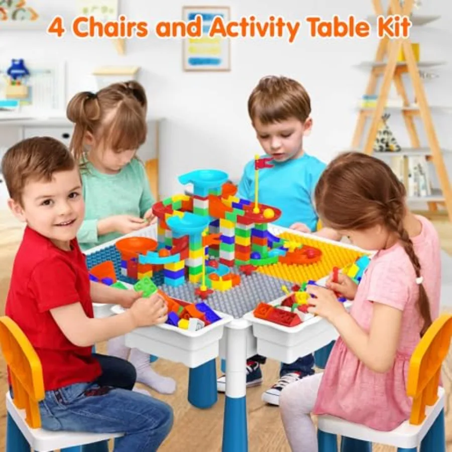 Toddlers Activity Table 7 in 1 Activity Tables and 4 Chairs with 152Pcs Large Marble Run Building Blocks, Sand/Water Tables, Le