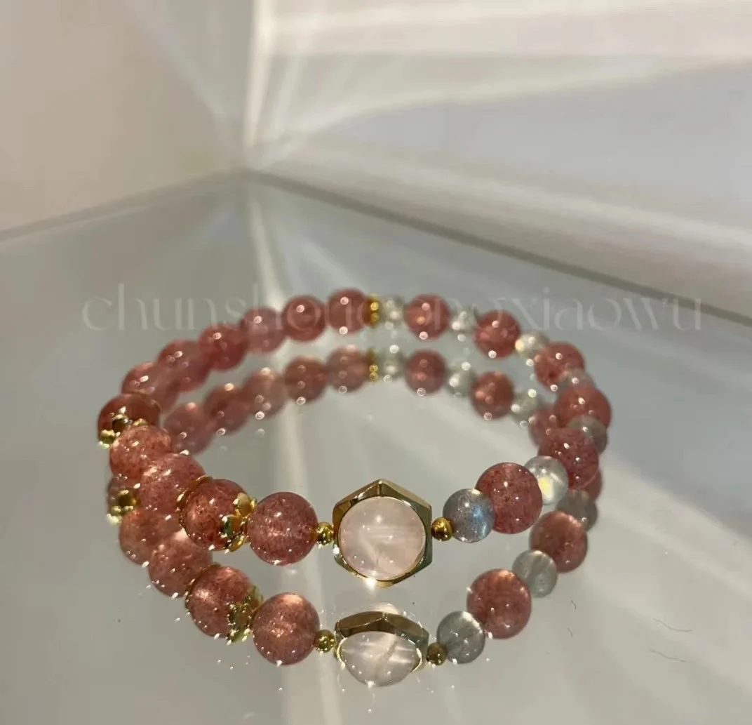 

Natural Strawberry Quartz/Moonstone Crystals Strand Beaded Bracelets for Women 14K Gold Plated Fine Jewelry Crystal Bracelet Gi