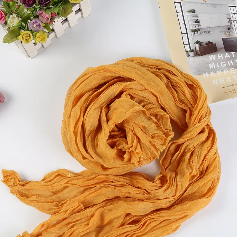 

Solid Color Crinkle Cotton Linen Scarf New Warm Silk Pleated Green Retro Thin Long Strip Shawl Men and Women's