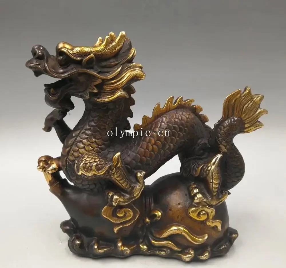 

7'' bronze copper gilt carvings home fengshui auspicious fortune treasure dragon