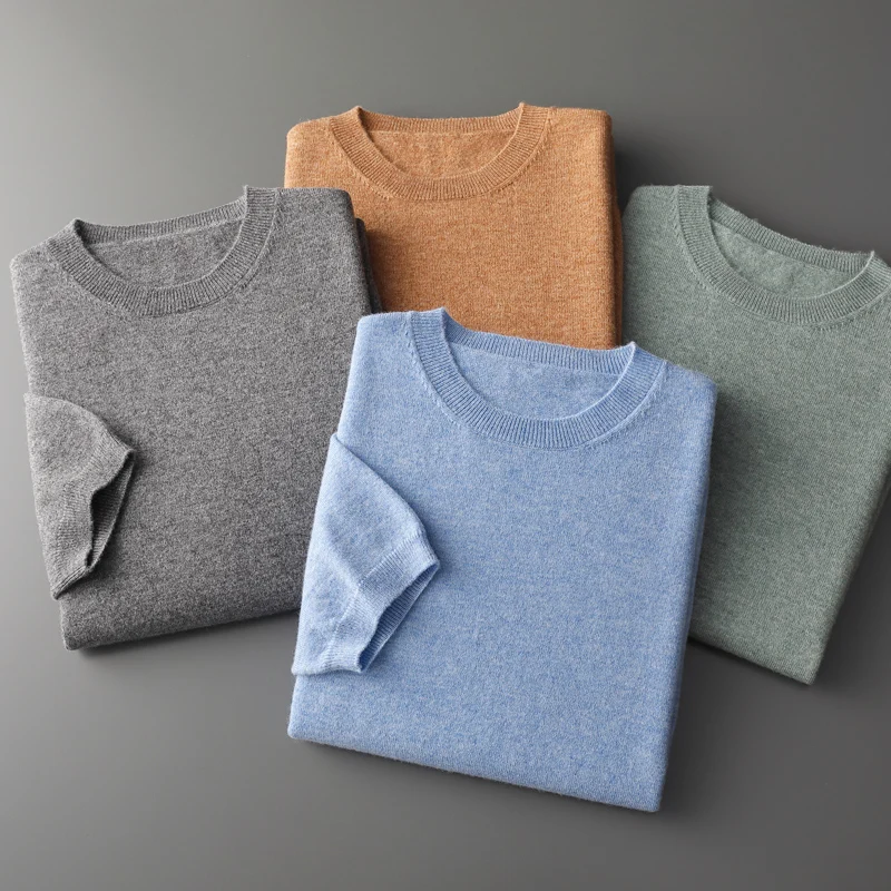 

Spring/Summer New Men's Short Sleeved 100% Pure Wool T-Shirt Sweater O-neck Solid Color Loose Knit Pullover Business Casual Top