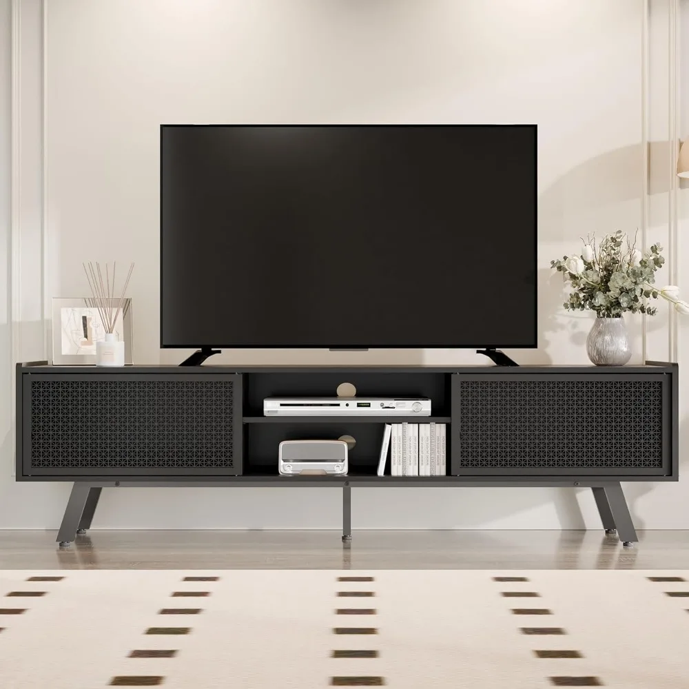 Modern Rattan TV Stand for 65-70 Inch TVs: Sliding Door Entertainment Center with Storage and Adjustable Features