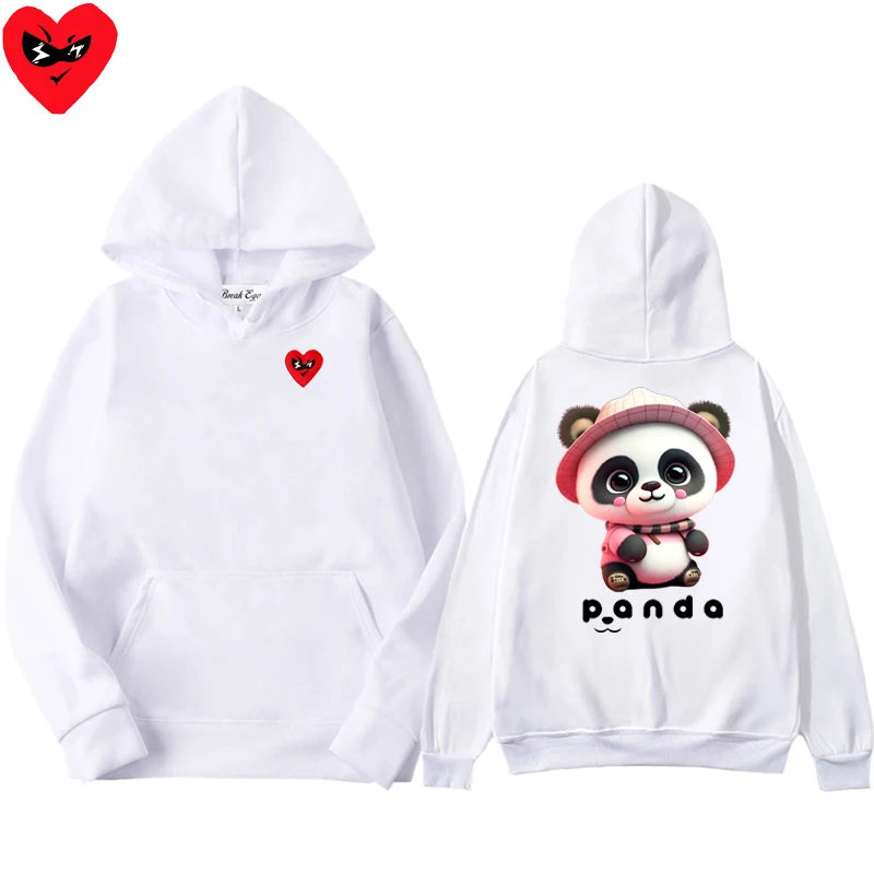 Pink Cute Panda Cartoon Print Men Women Hoodie Polyester Red Glasses Heart Embroidery Pullover Pockets Thin Loose Autumn Sweater