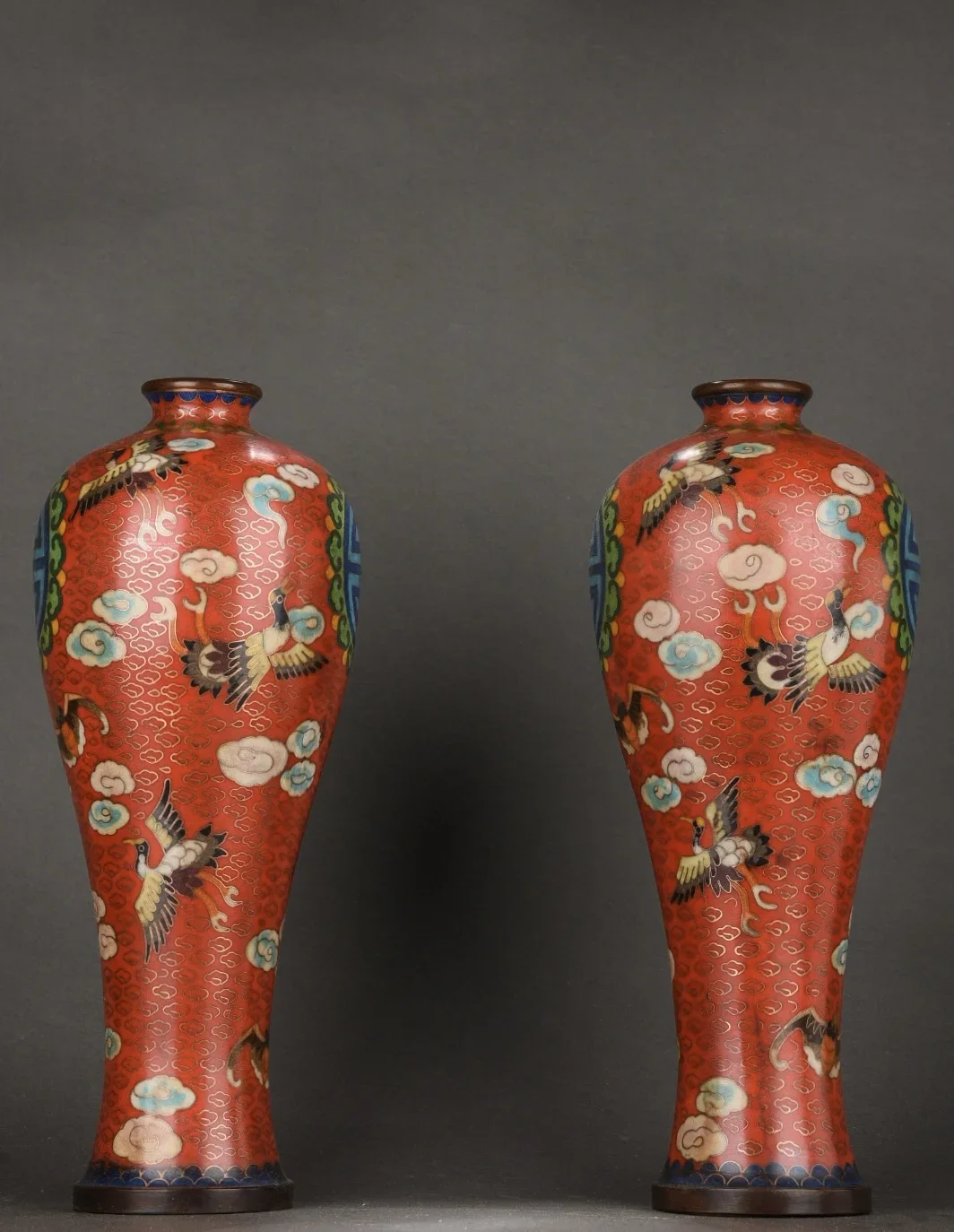 

13"Tibetan Temple Collection Old Bronze Cloisonne Enamel Longevity texture Bat pattern Prunus Vase A Pair Ornaments Town house