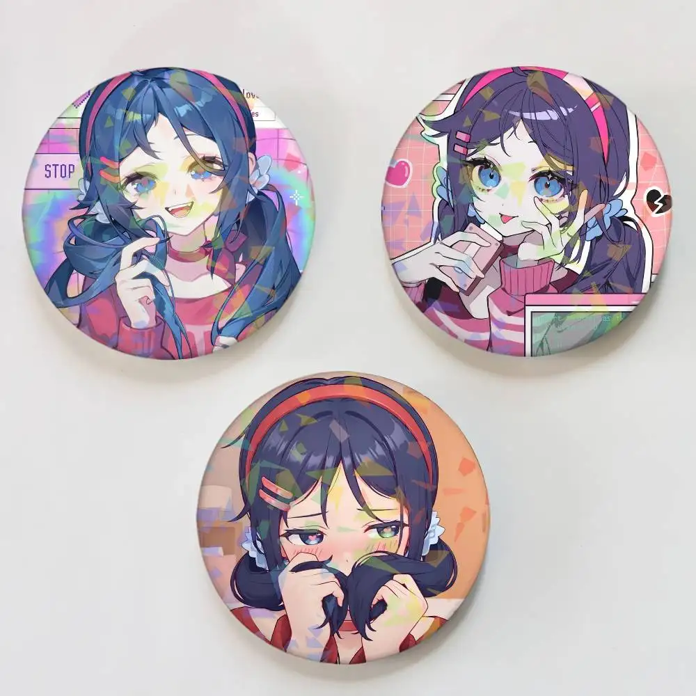 Horror Girl Game MiSide LOVE Round Badge Lapel Pins for Backpacks Briefcase Laser Brooch Clothes Gifts